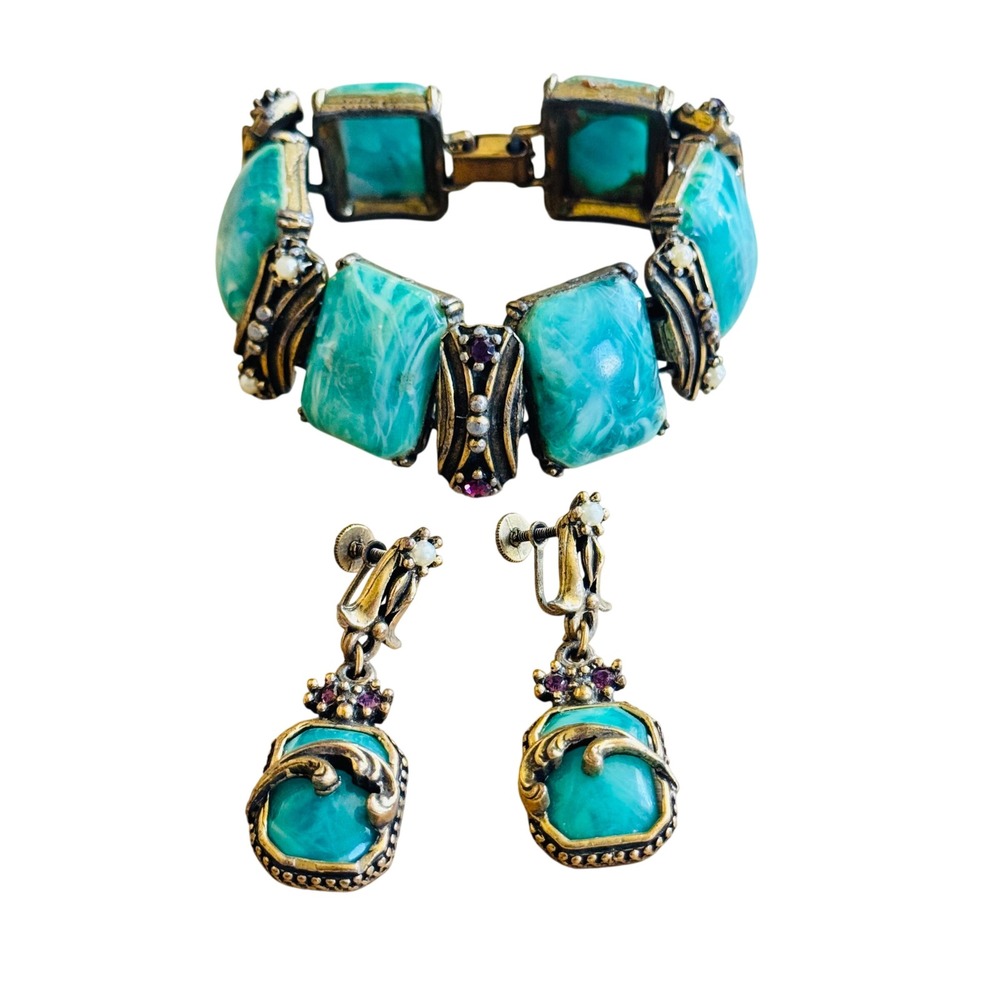 VTG Selro Victorian Style Earrings Bracelet Matching Set Rhinestone Pearl Ornate